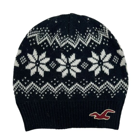 Hollister Slouchy Beanie Women’s Winter Hat Knit Fair Isle Black Front Logo Warm - Picture 1 of 8
